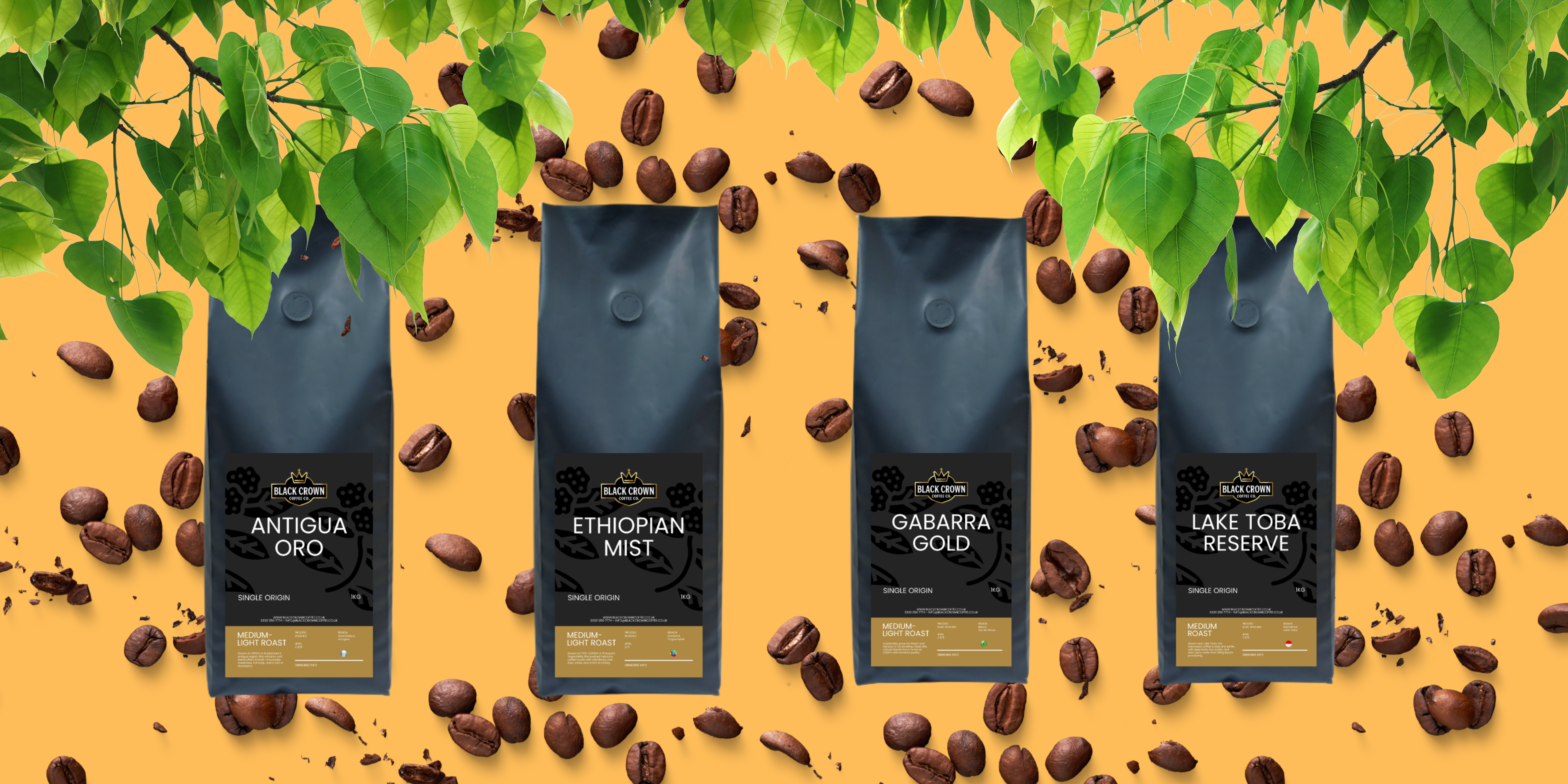 Four Black Crown Coffee Co. specialty coffee bags on a yellow background with scattered coffee beans